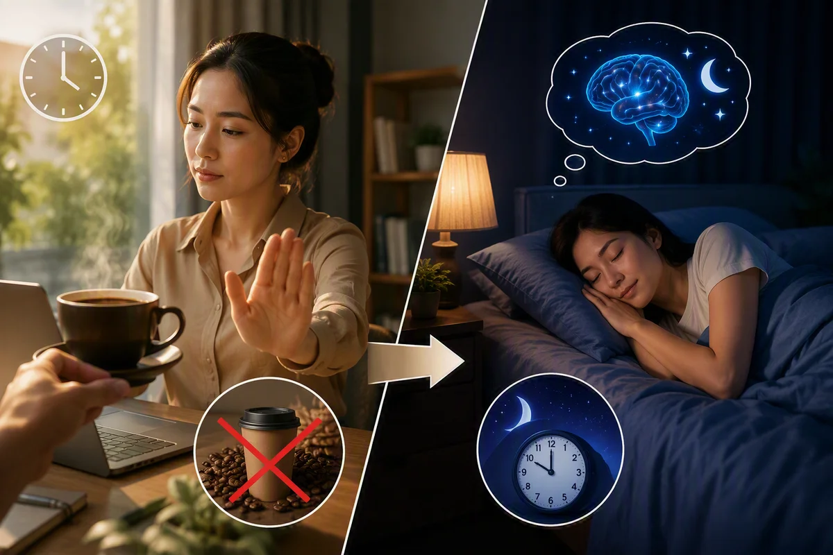 Hạn chế tiêu thụ đồ uống chứa caffeine vào buổi chiều muộn để tránh làm rối loạn giấc ngủ.webp